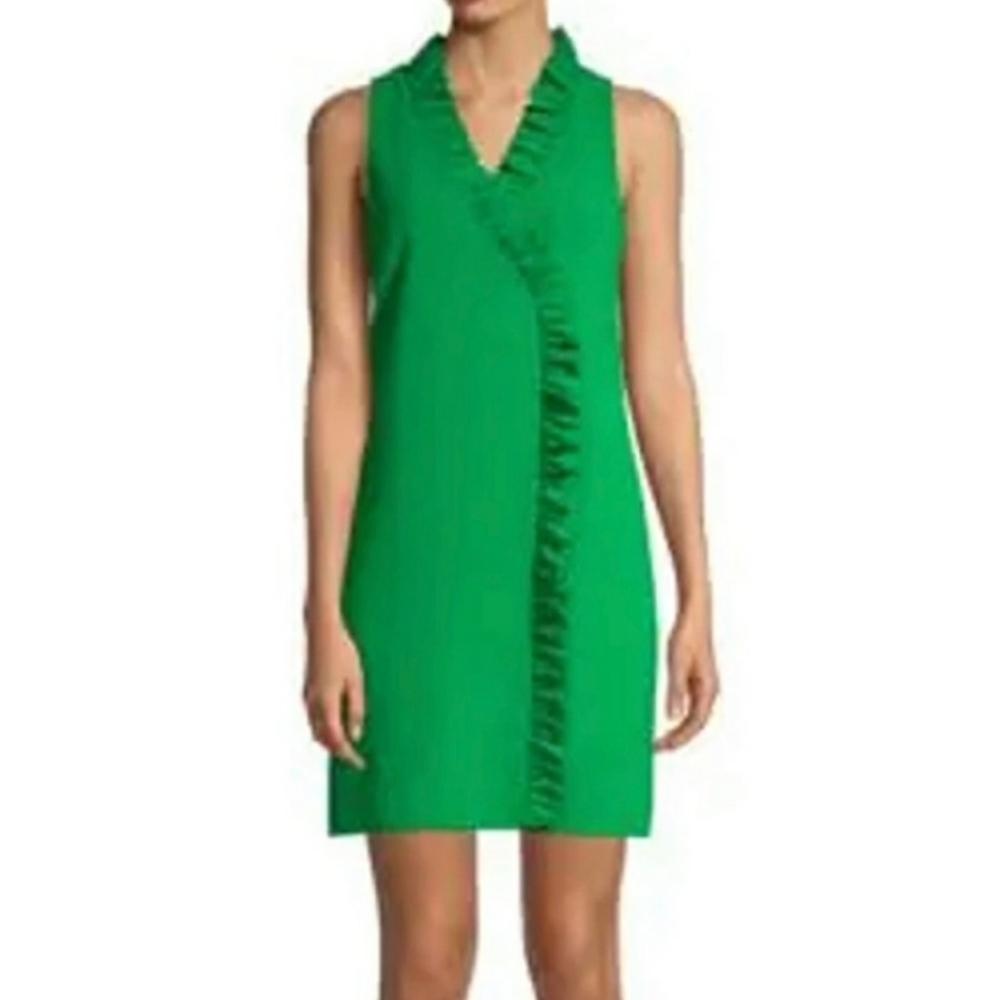 NWT Trina Turk Ruffle V-Neck Sleeveless Green Crepe Ruffle Dress Size 2